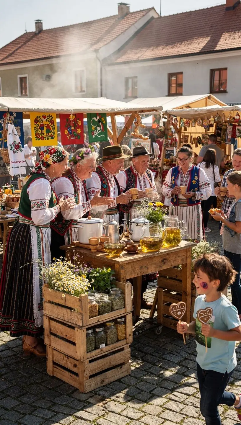 Bylinkový čaj s kvetmi a listami, zobrazený na rustic pozadí.