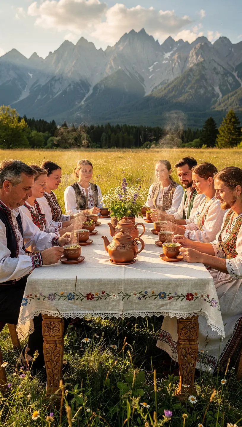 Ručne vyrobené šálky s tradičnými slovenskými vzormi, plné aromatického čaju.
