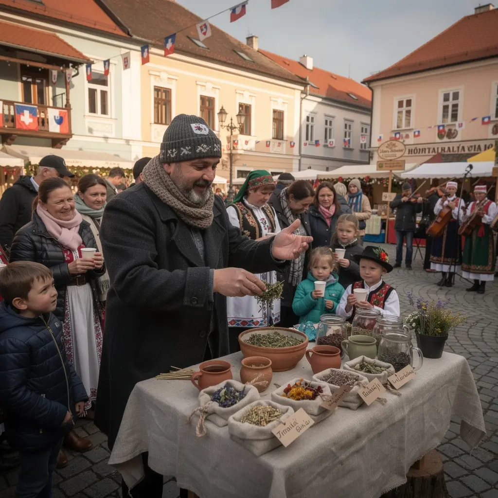 Rukou vyrezávaný tanier s rôznymi bylinkami a sušenými kvetmi vedľa šálky čaju.