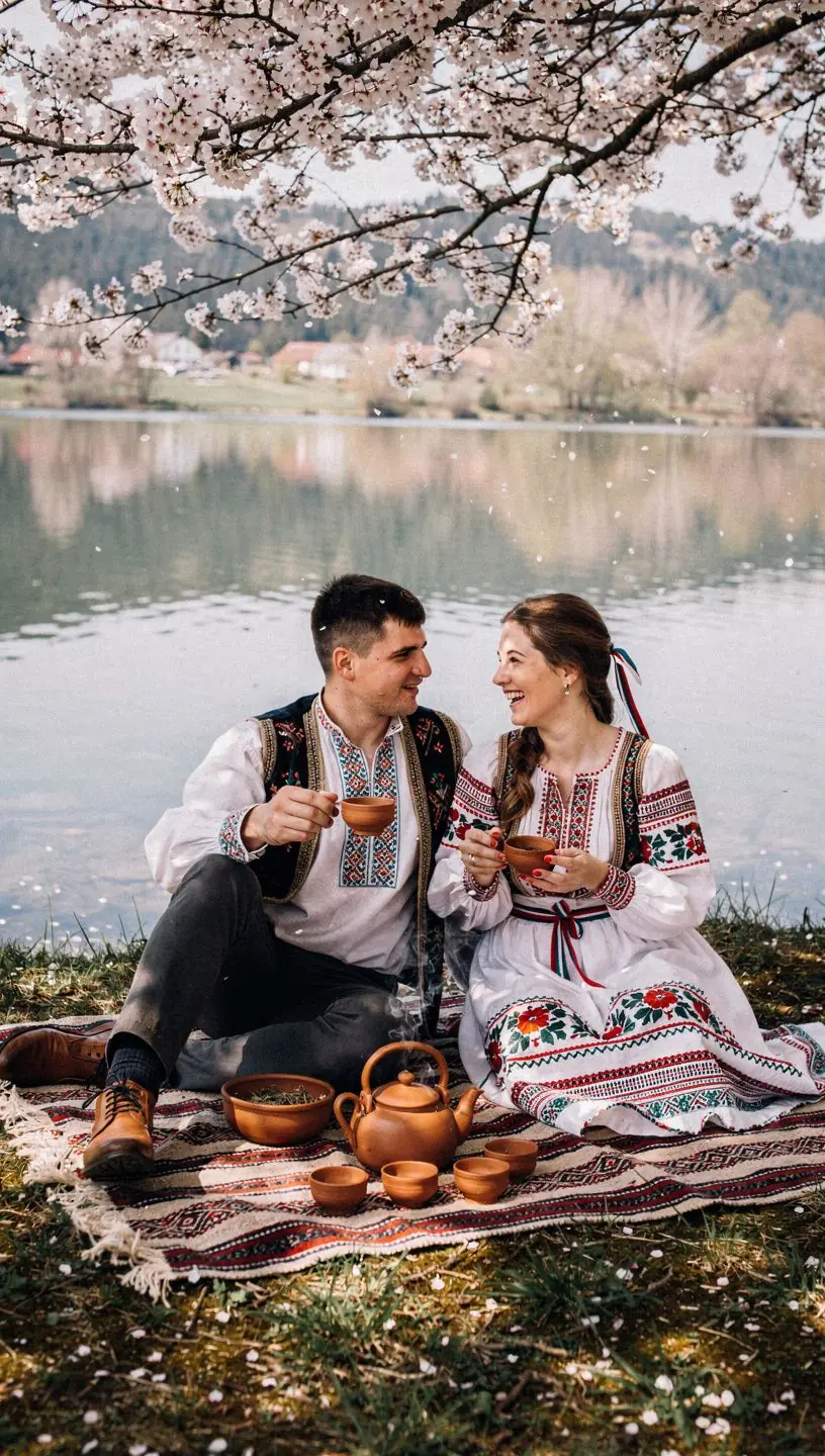 Stolovanie s tradičnými slovenskými čajovými šálkami a občerstvením.